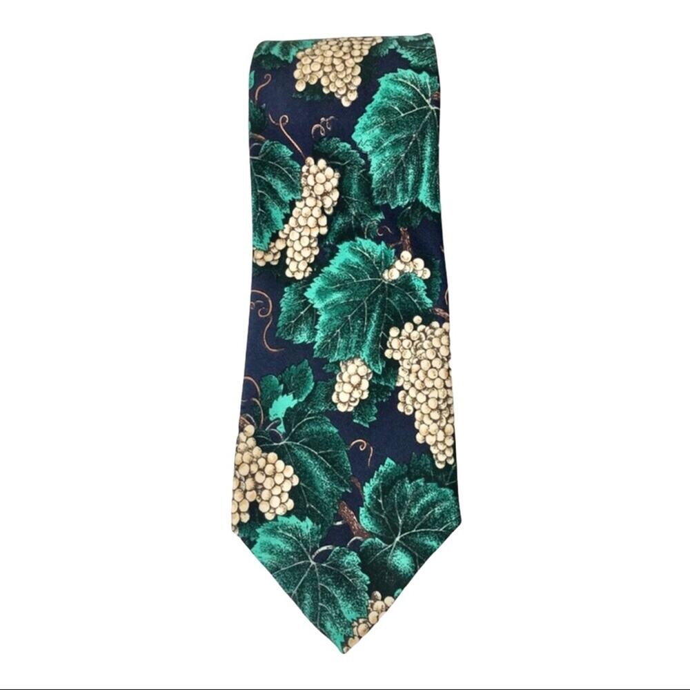 Robert Talbott Silk Tie Green & Cream Grape Leaves Tropical Print
